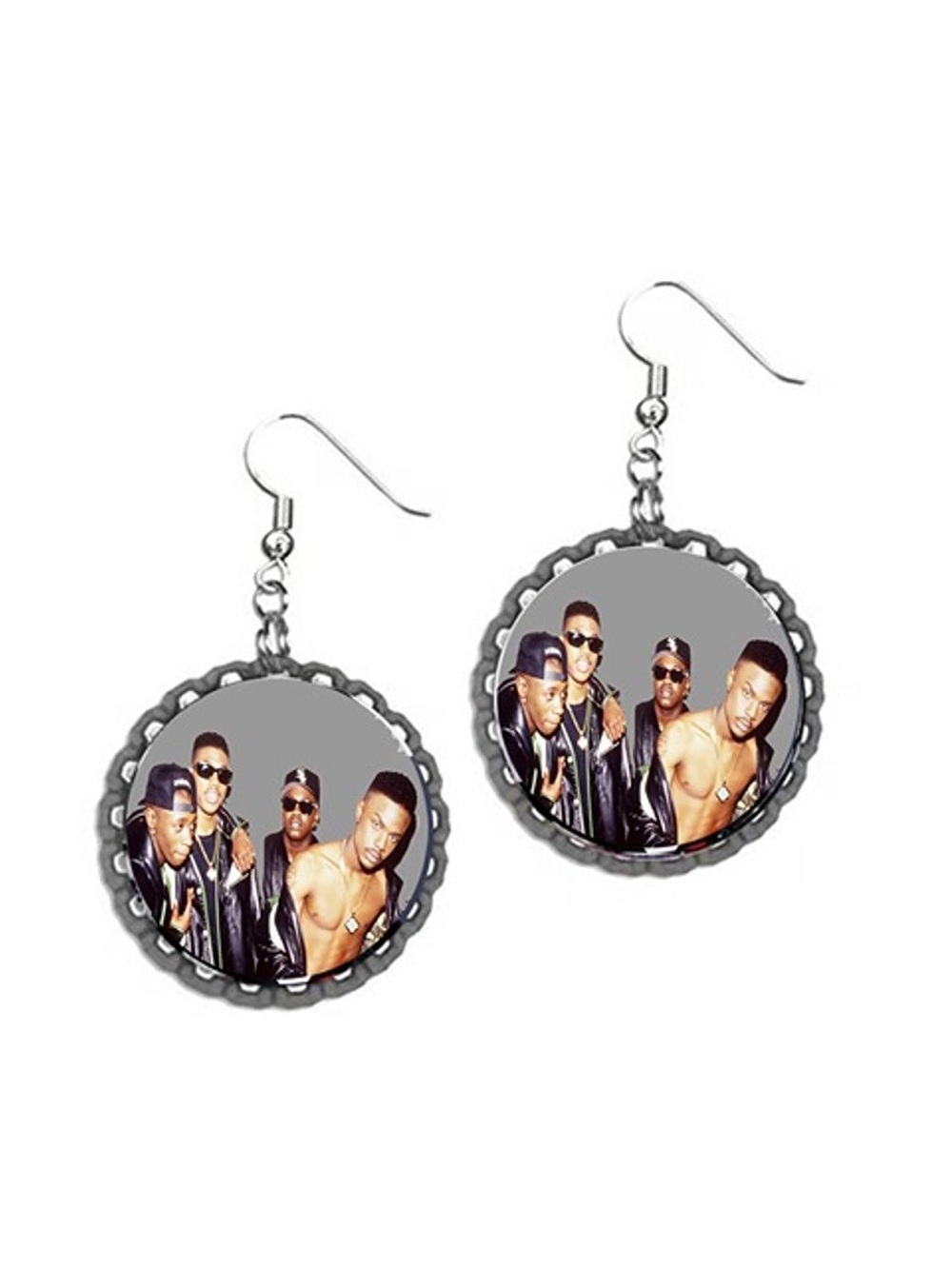 Silver-Tone Round Photo Drop Earrings - Men Accessories
